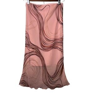 Y2K Pink Swirl Mesh Midi Skirt Jump USA M – Sheer Overlay, Cottagecore Vintage